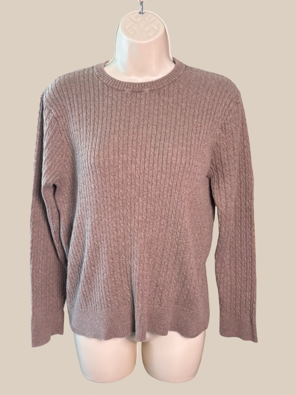 Jeanne Pierre Taupe Brown 100% Cotton Cable Knit Crewneck Sweater Cozy Fall SZ L